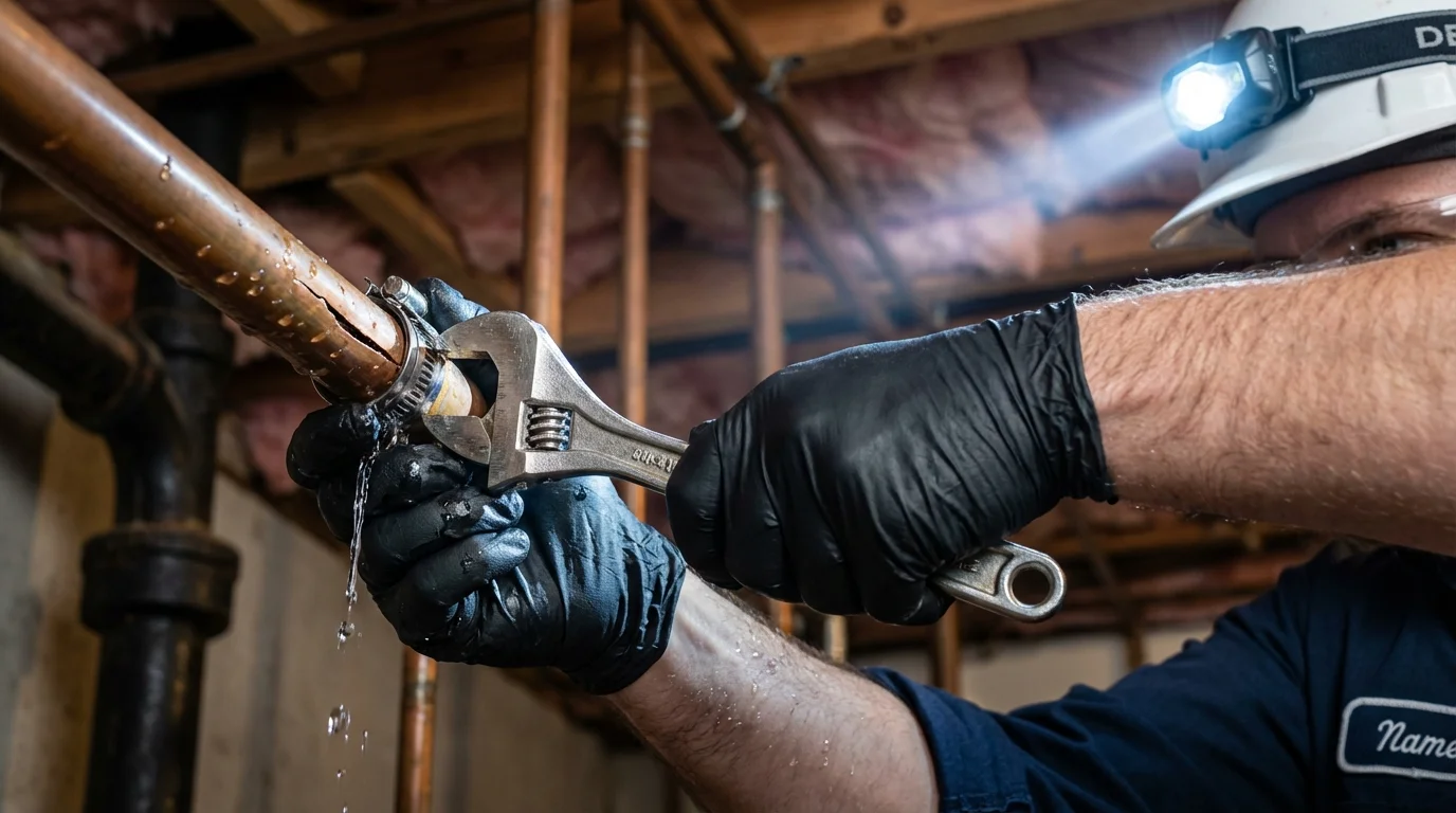 Emergency pipe clamp repair being performed by a Johns Plumbing LLC plumber in Imperial